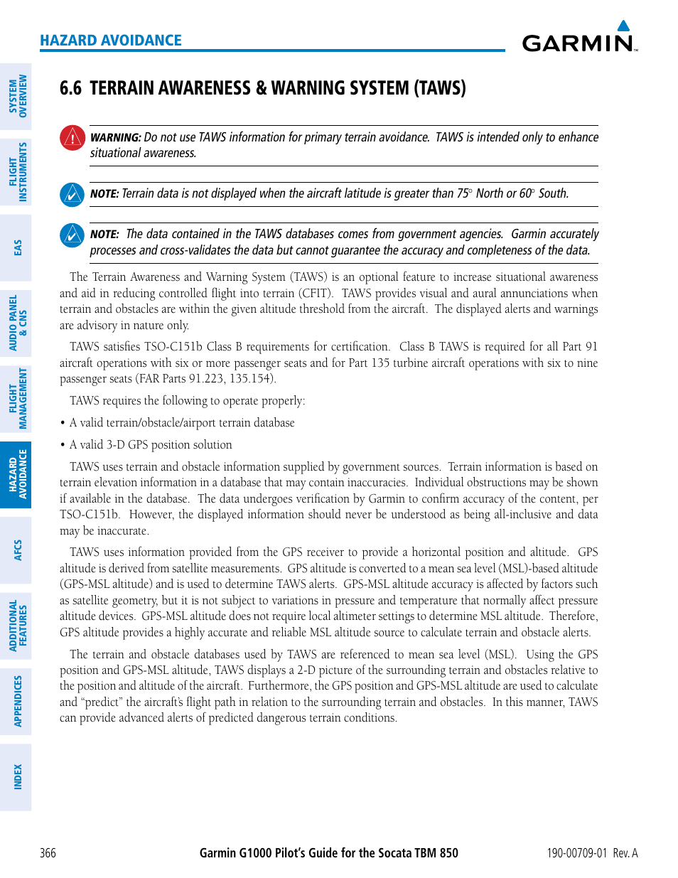 6 terrain awareness & warning system (taws), 6 terrain awareness & warning system (taws) . 366, Hazard avoidance | Garmin G1000 Socata TBM 850 User Manual | Page 378 / 588