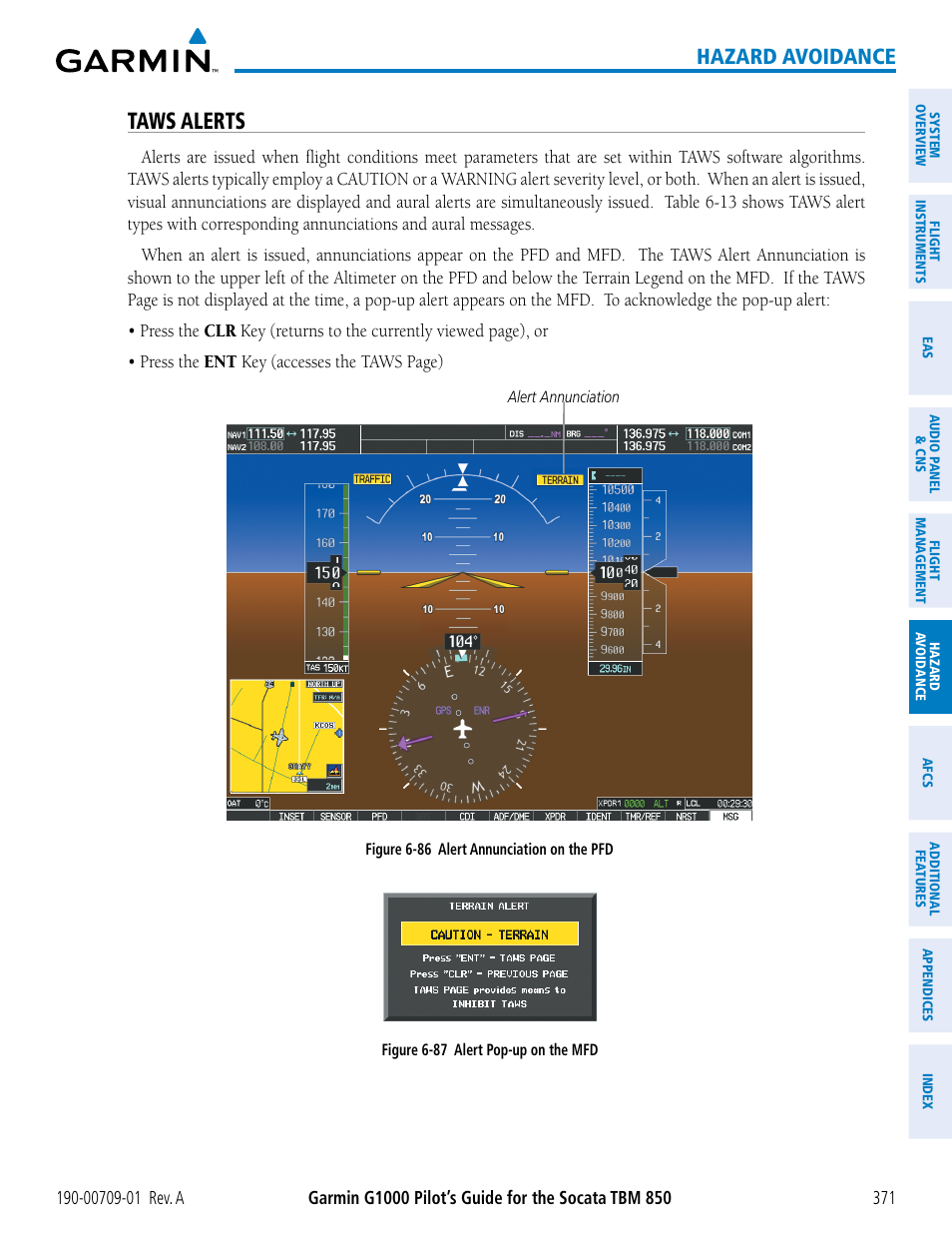 Taws alerts, Hazard avoidance | Garmin G1000 Socata TBM 850 User Manual | Page 383 / 588