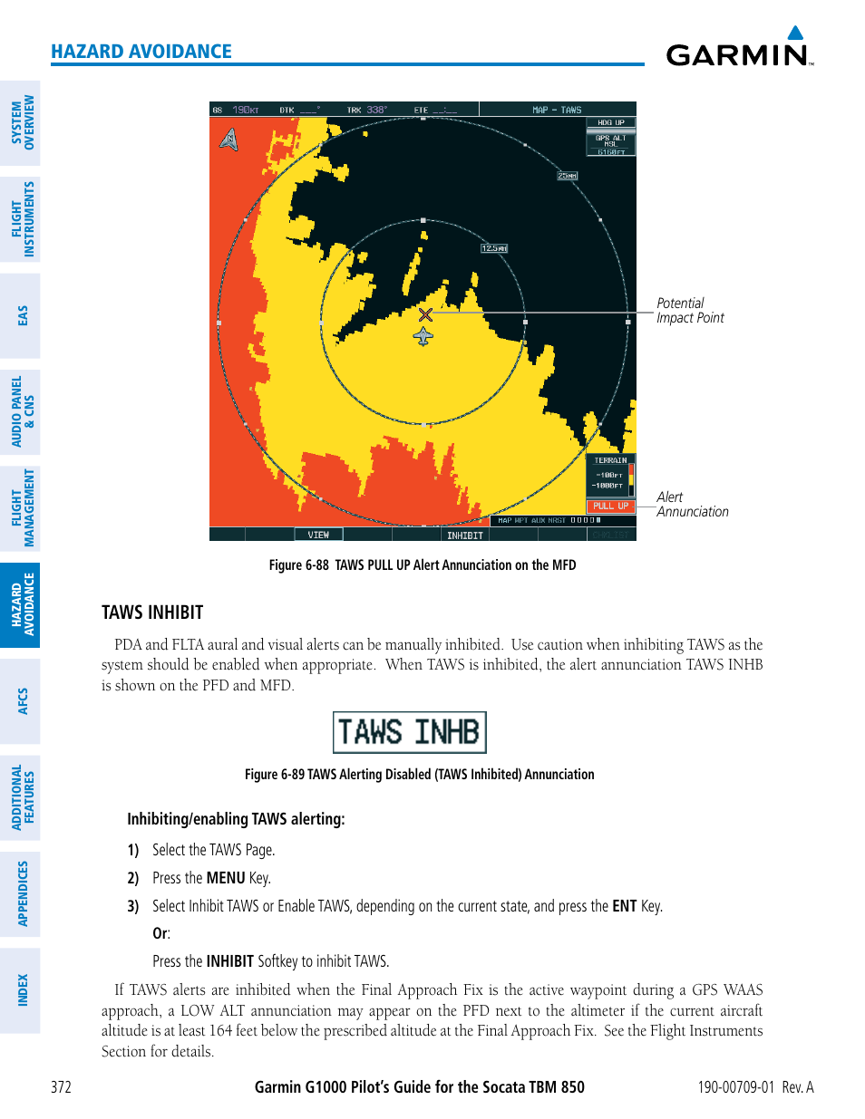 Hazard avoidance, Taws inhibit | Garmin G1000 Socata TBM 850 User Manual | Page 384 / 588