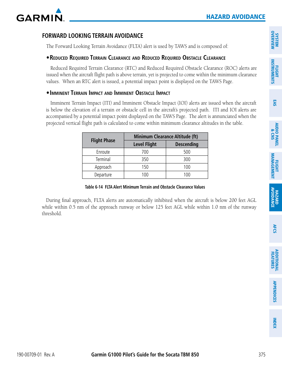 Hazard avoidance, Forward looking terrain avoidance | Garmin G1000 Socata TBM 850 User Manual | Page 387 / 588