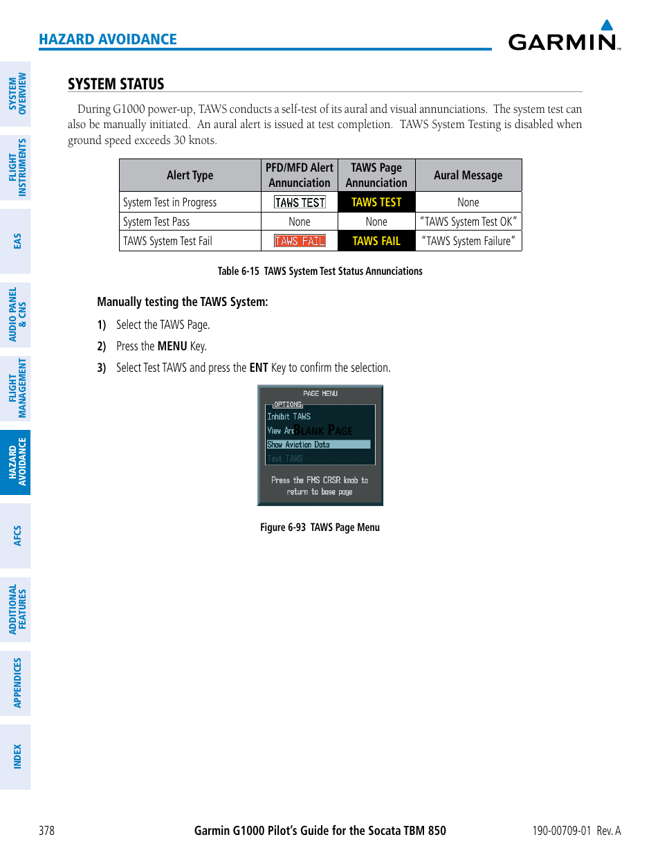 System status, Hazard avoidance | Garmin G1000 Socata TBM 850 User Manual | Page 390 / 588