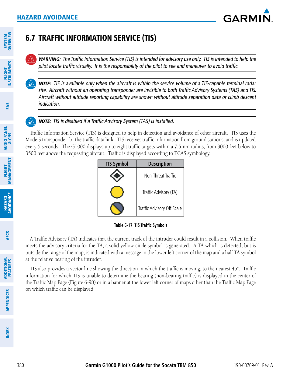 7 traffic information service (tis), Hazard avoidance | Garmin G1000 Socata TBM 850 User Manual | Page 392 / 588