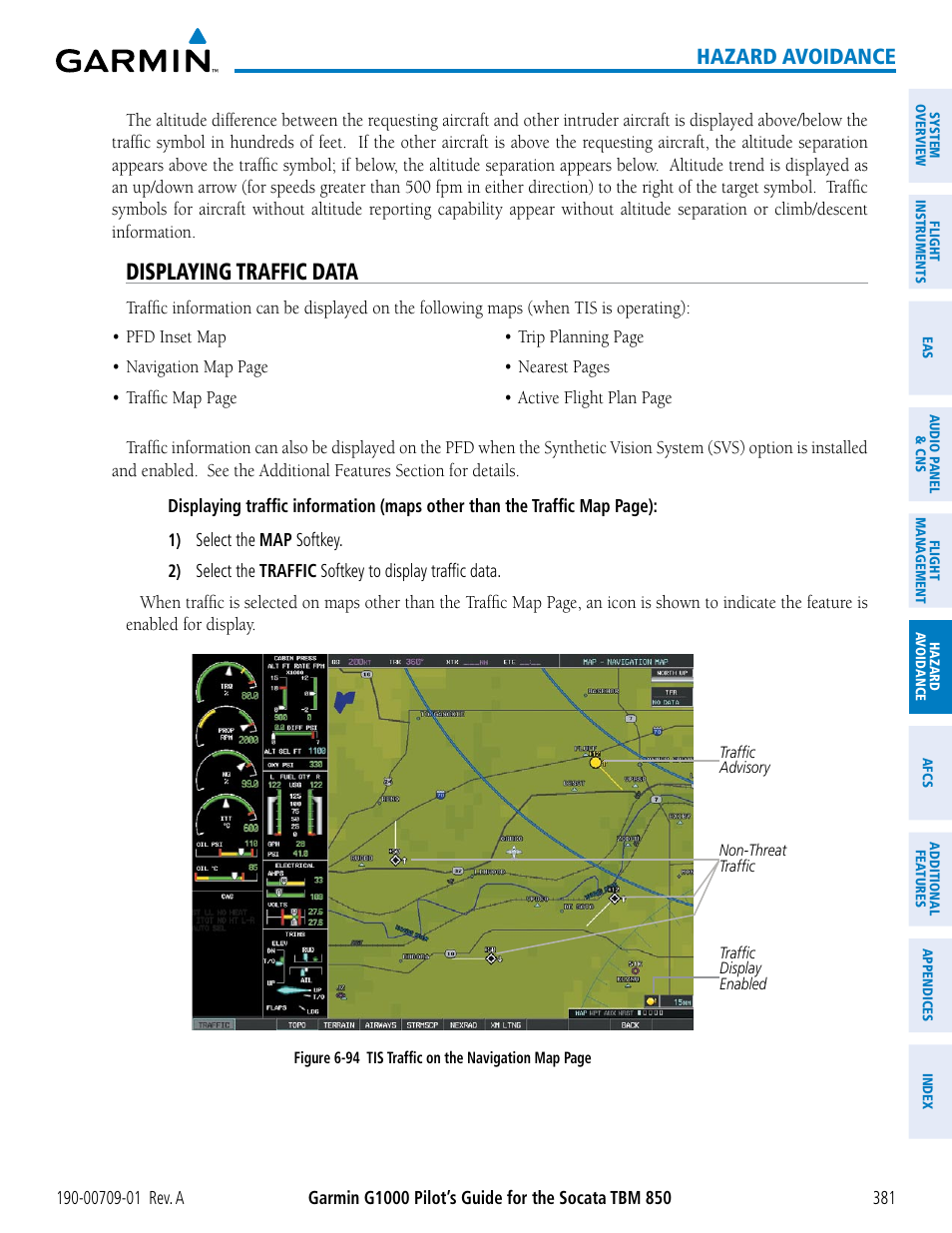 Displaying traffic data, Hazard avoidance | Garmin G1000 Socata TBM 850 User Manual | Page 393 / 588