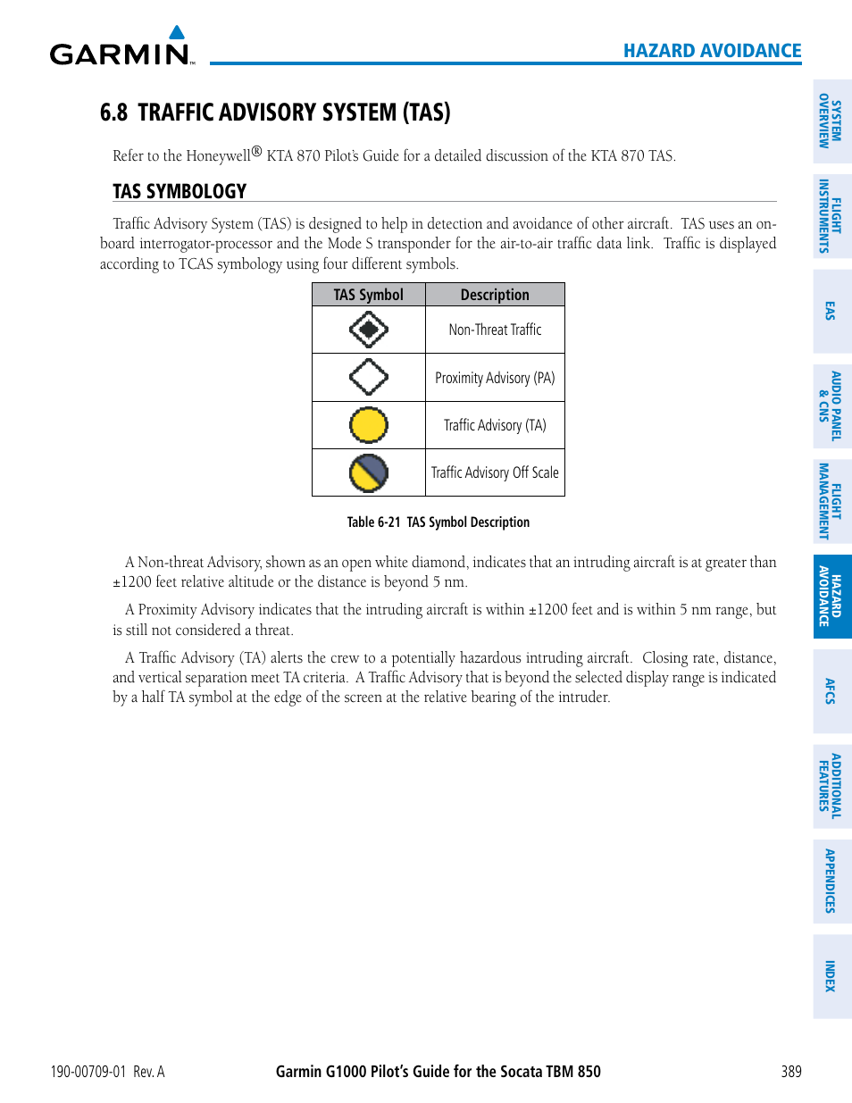 8 traffic advisory system (tas), Tas symbology, Hazard avoidance | Garmin G1000 Socata TBM 850 User Manual | Page 401 / 588