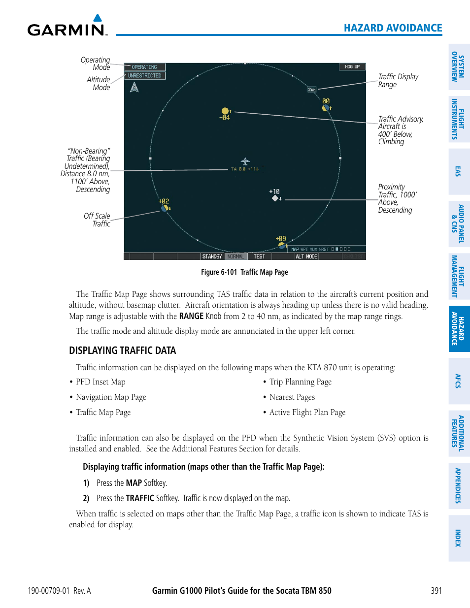 Hazard avoidance, Displaying traffic data | Garmin G1000 Socata TBM 850 User Manual | Page 403 / 588