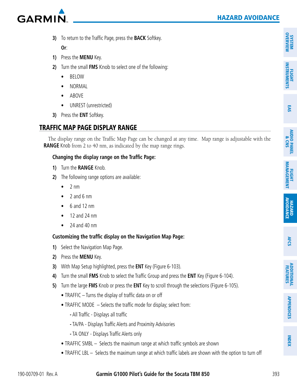 Traffic map page display range, Hazard avoidance | Garmin G1000 Socata TBM 850 User Manual | Page 405 / 588