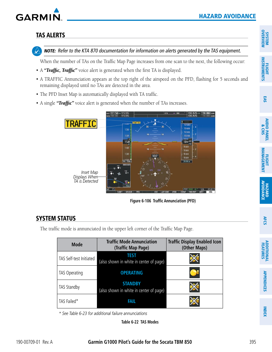 Tas alerts, System status, Hazard avoidance | Garmin G1000 Socata TBM 850 User Manual | Page 407 / 588