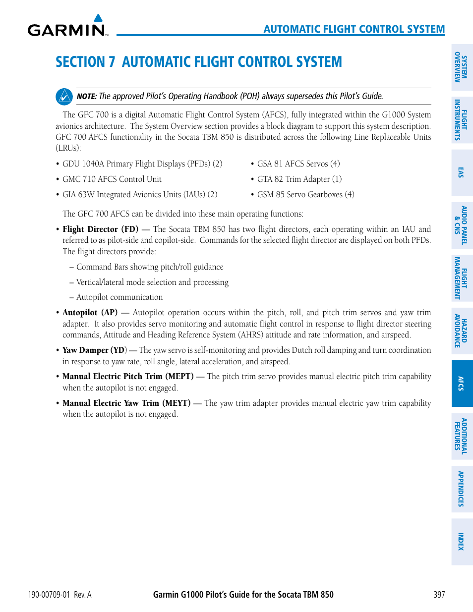 Section 7 automatic flight control system, Automatic flight control system | Garmin G1000 Socata TBM 850 User Manual | Page 409 / 588