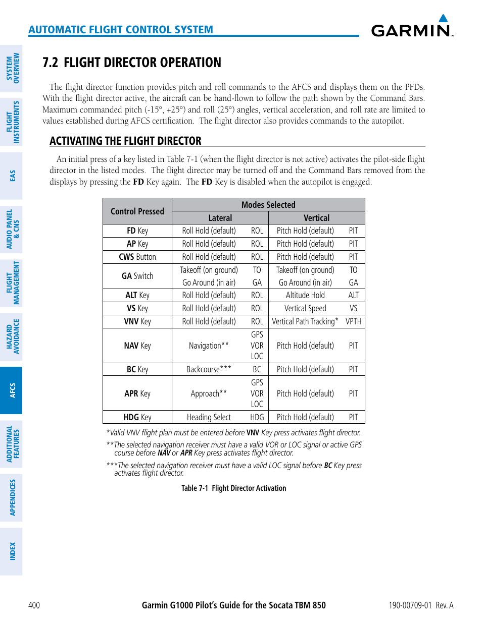 2 flight director operation, Activating the flight director, Automatic flight control system | Garmin G1000 Socata TBM 850 User Manual | Page 412 / 588