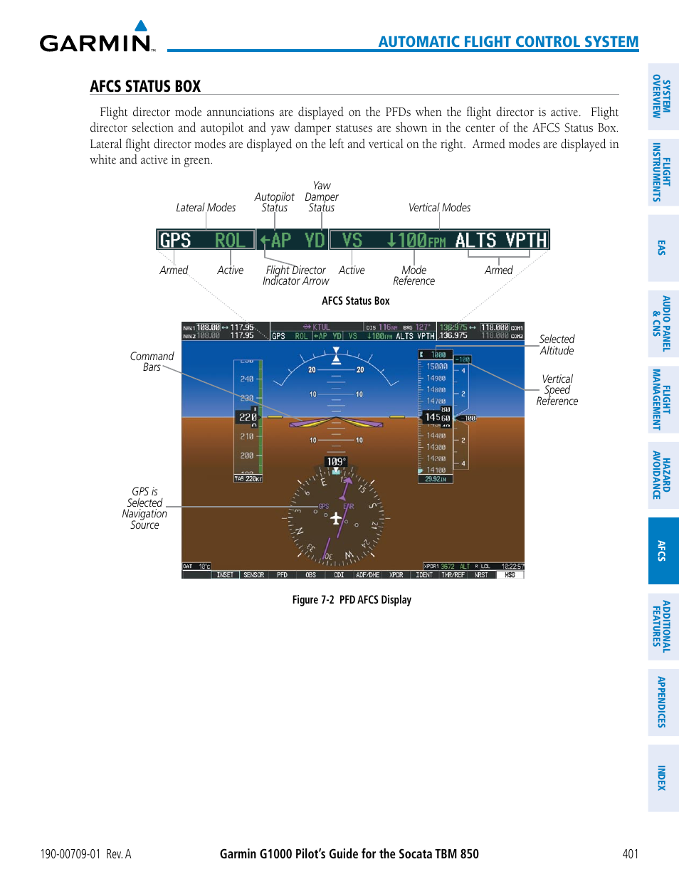 Afcs status box, Automatic flight control system | Garmin G1000 Socata TBM 850 User Manual | Page 413 / 588