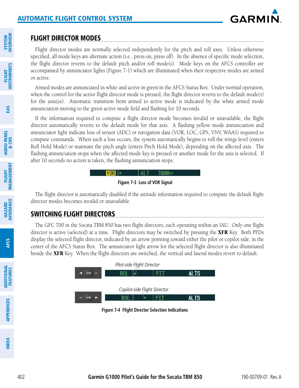 Flight director modes, Switching flight directors, Automatic flight control system | Garmin G1000 Socata TBM 850 User Manual | Page 414 / 588