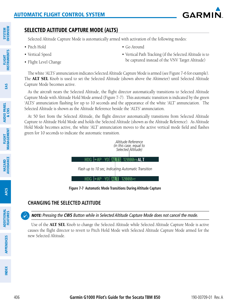 Selected altitude capture mode (alts), Automatic flight control system, Changing the selected altitude | Garmin G1000 Socata TBM 850 User Manual | Page 418 / 588