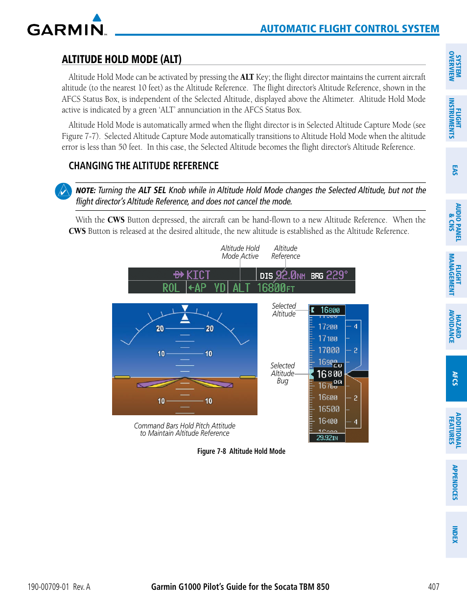 Altitude hold mode (alt), Automatic flight control system, Changing the altitude reference | Garmin G1000 Socata TBM 850 User Manual | Page 419 / 588