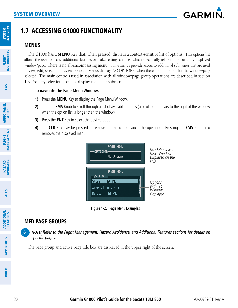 7 accessing g1000 functionality, Menus, Mfd page groups | System overview | Garmin G1000 Socata TBM 850 User Manual | Page 42 / 588