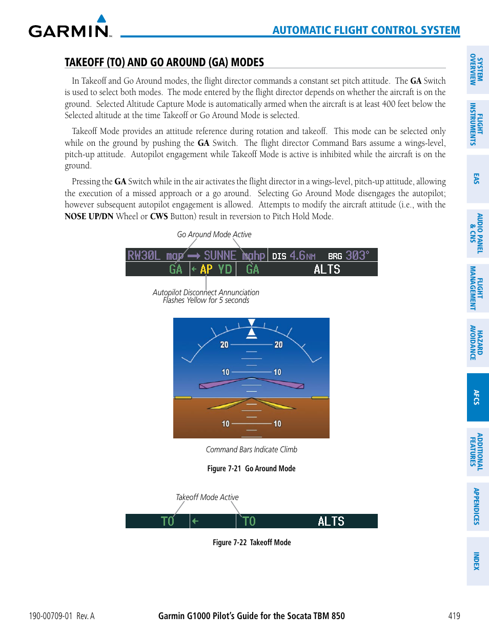 Takeoff (to) and go around (ga) modes, Automatic flight control system | Garmin G1000 Socata TBM 850 User Manual | Page 431 / 588