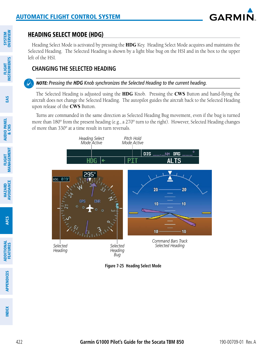 Heading select mode (hdg), Automatic flight control system, Changing the selected heading | Garmin G1000 Socata TBM 850 User Manual | Page 434 / 588