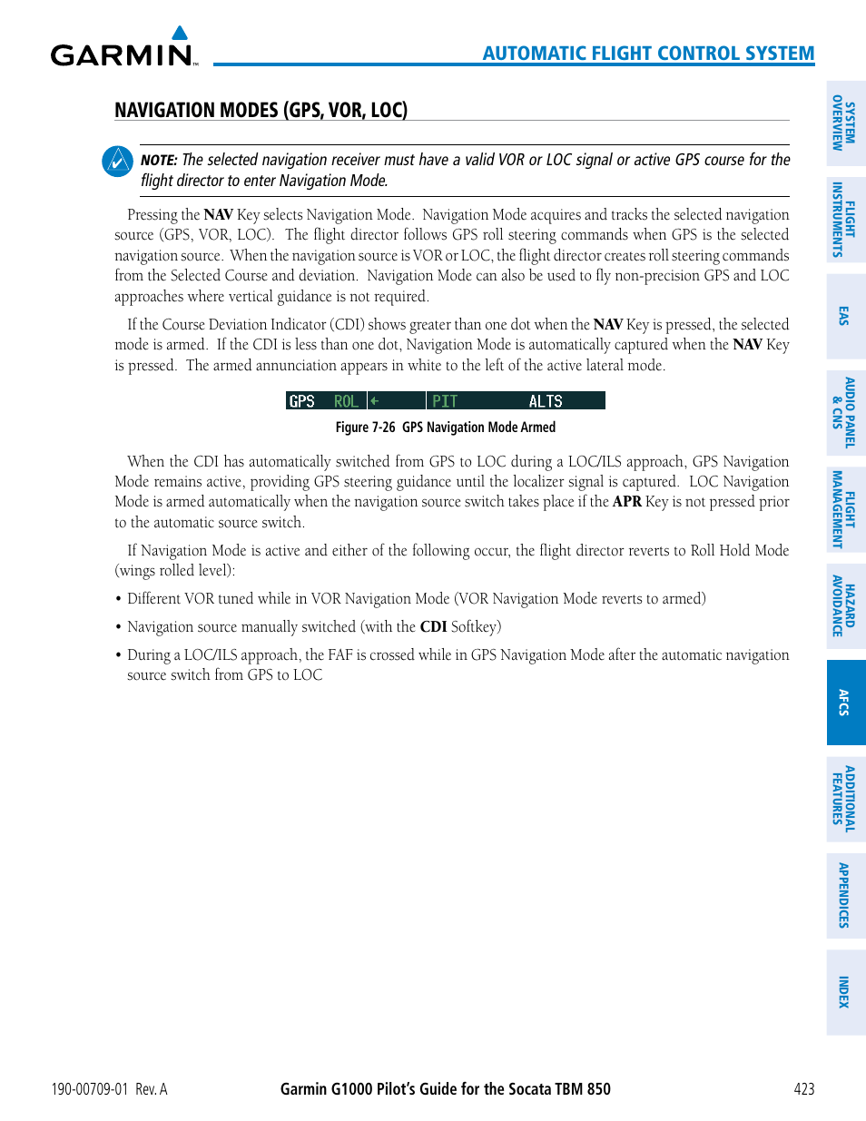 Navigation modes (gps, vor, loc), Automatic flight control system | Garmin G1000 Socata TBM 850 User Manual | Page 435 / 588