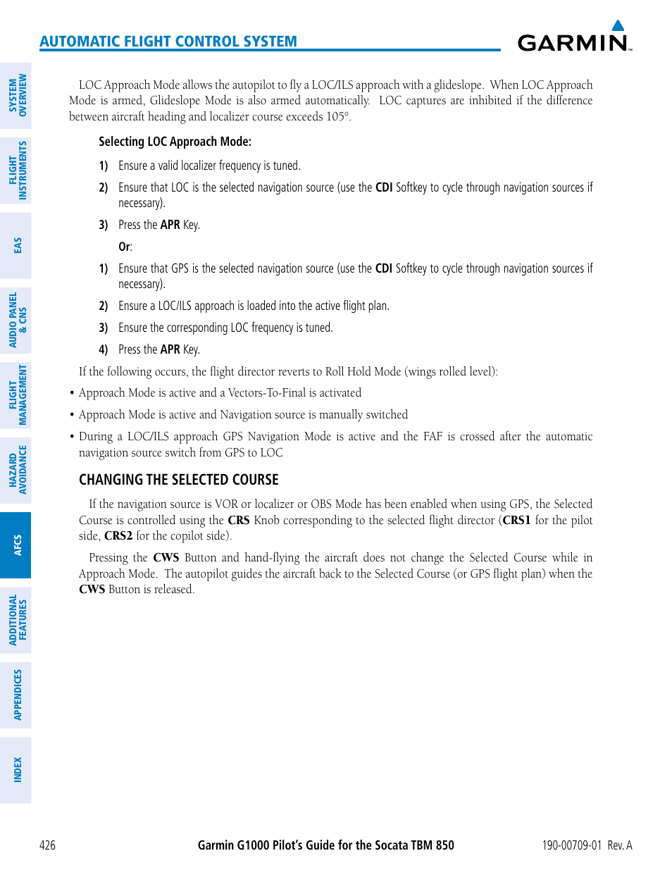 Automatic flight control system, Changing the selected course | Garmin G1000 Socata TBM 850 User Manual | Page 438 / 588