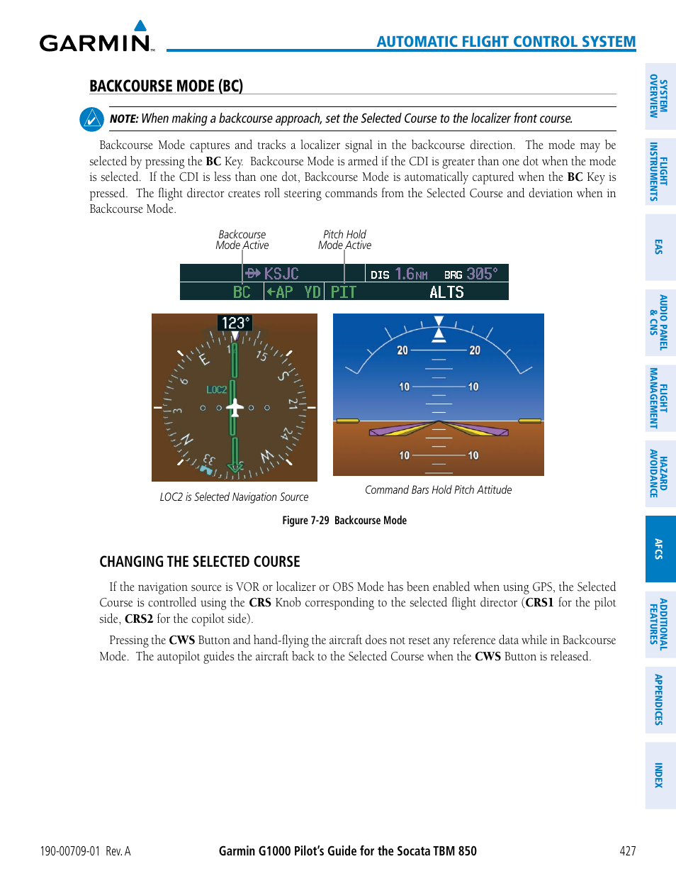 Backcourse mode (bc), Automatic flight control system, Changing the selected course | Garmin G1000 Socata TBM 850 User Manual | Page 439 / 588