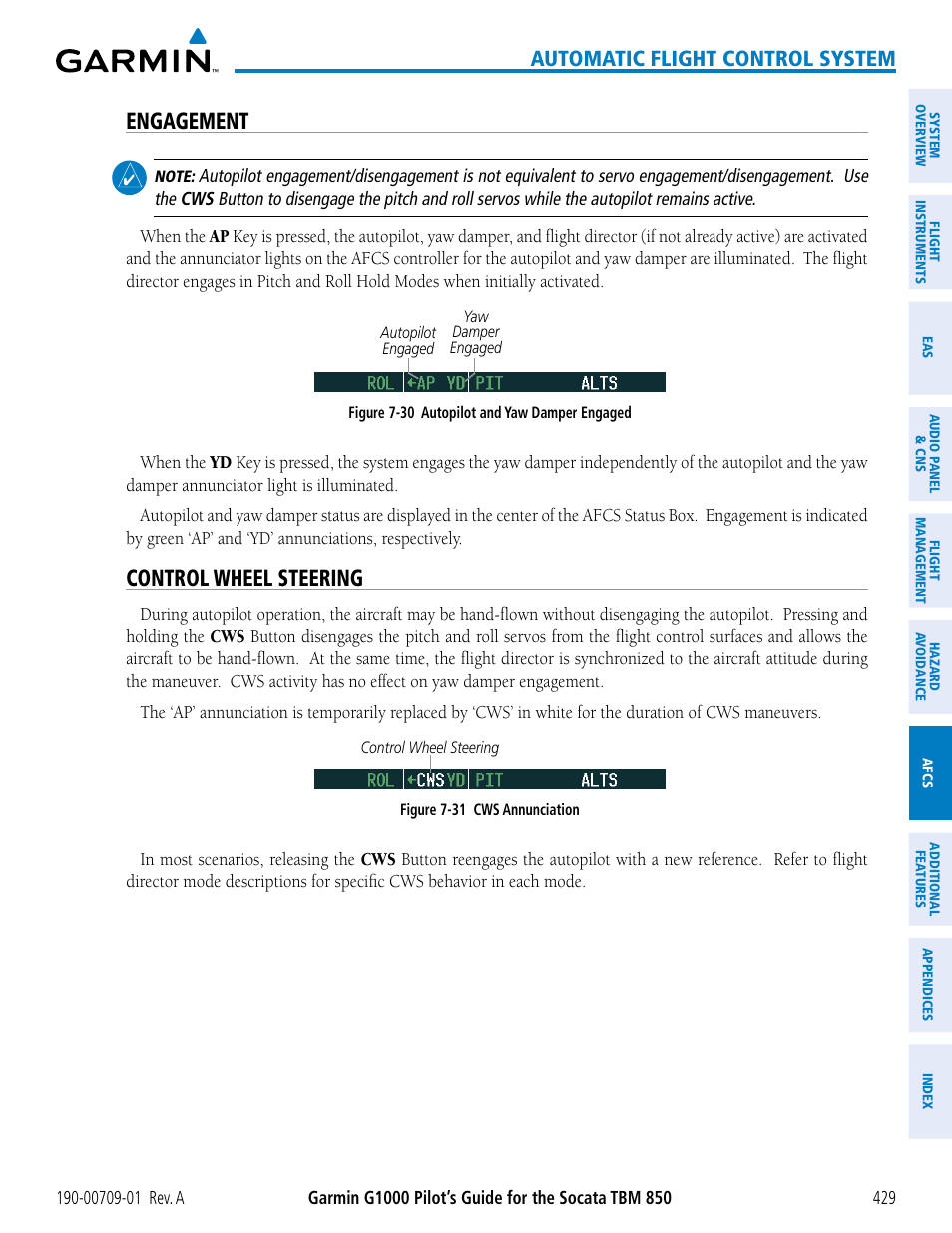 Engagement, Control wheel steering, Automatic flight control system | Garmin G1000 Socata TBM 850 User Manual | Page 441 / 588