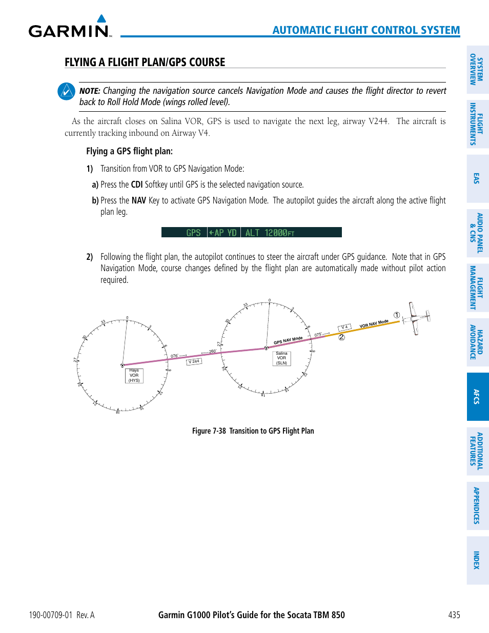 Flying a flight plan/gps course, Automatic flight control system, Transition from vor to gps navigation mode | Figure 7-38 transition to gps flight plan | Garmin G1000 Socata TBM 850 User Manual | Page 447 / 588