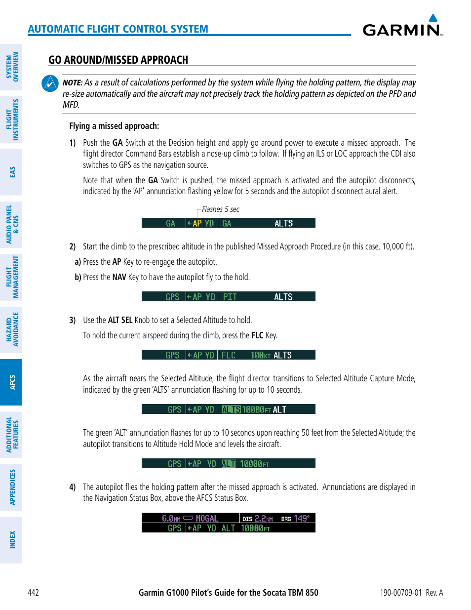 Go around/missed approach, Automatic flight control system | Garmin G1000 Socata TBM 850 User Manual | Page 454 / 588