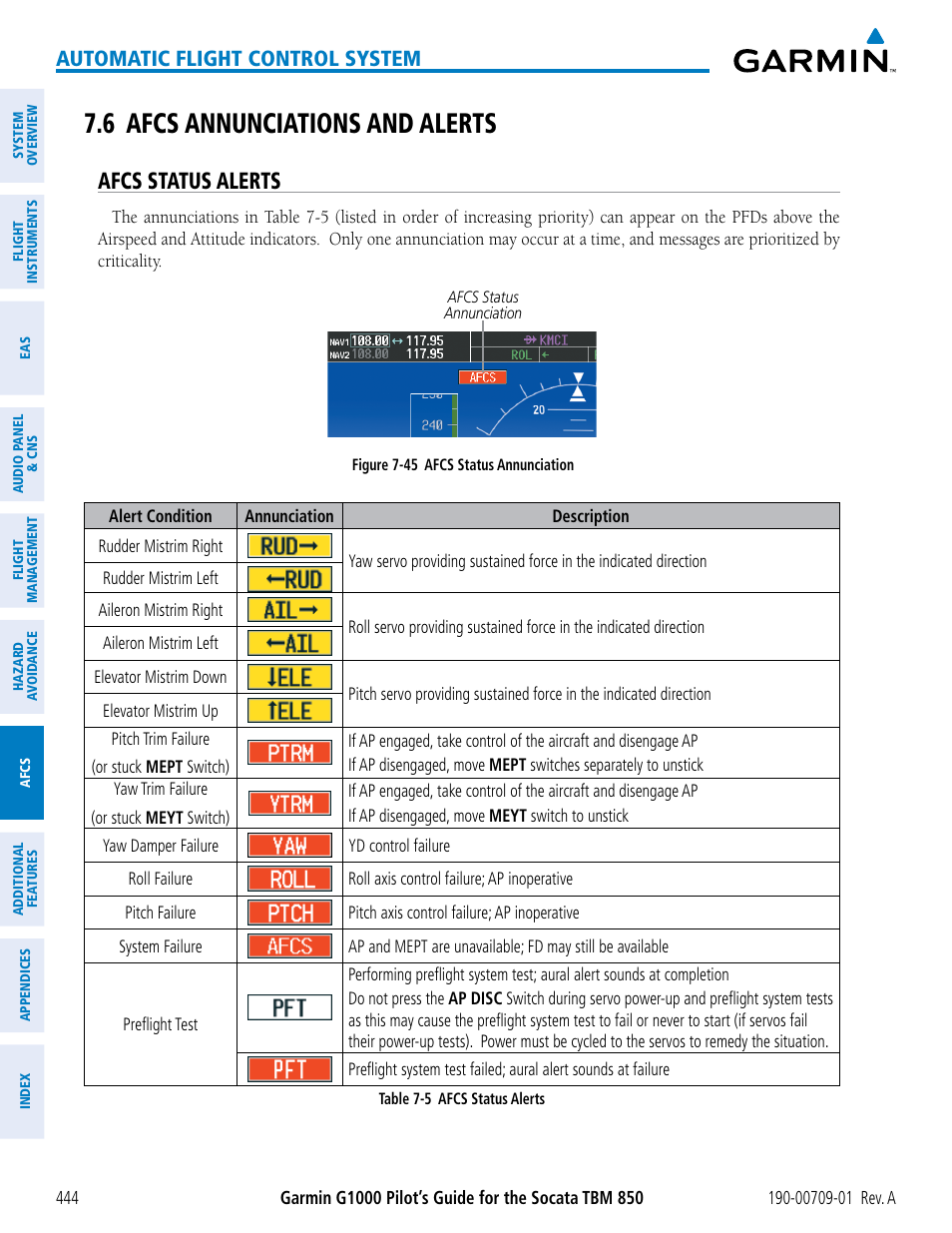 6 afcs annunciations and alerts, Afcs status alerts, Automatic flight control system | Garmin G1000 Socata TBM 850 User Manual | Page 456 / 588