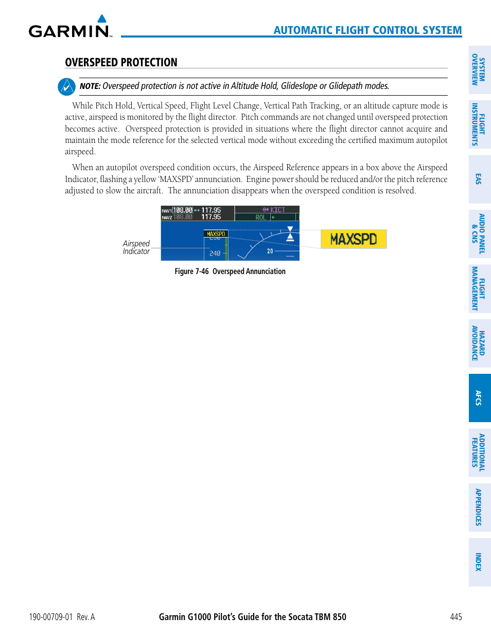 Overspeed protection, Automatic flight control system | Garmin G1000 Socata TBM 850 User Manual | Page 457 / 588