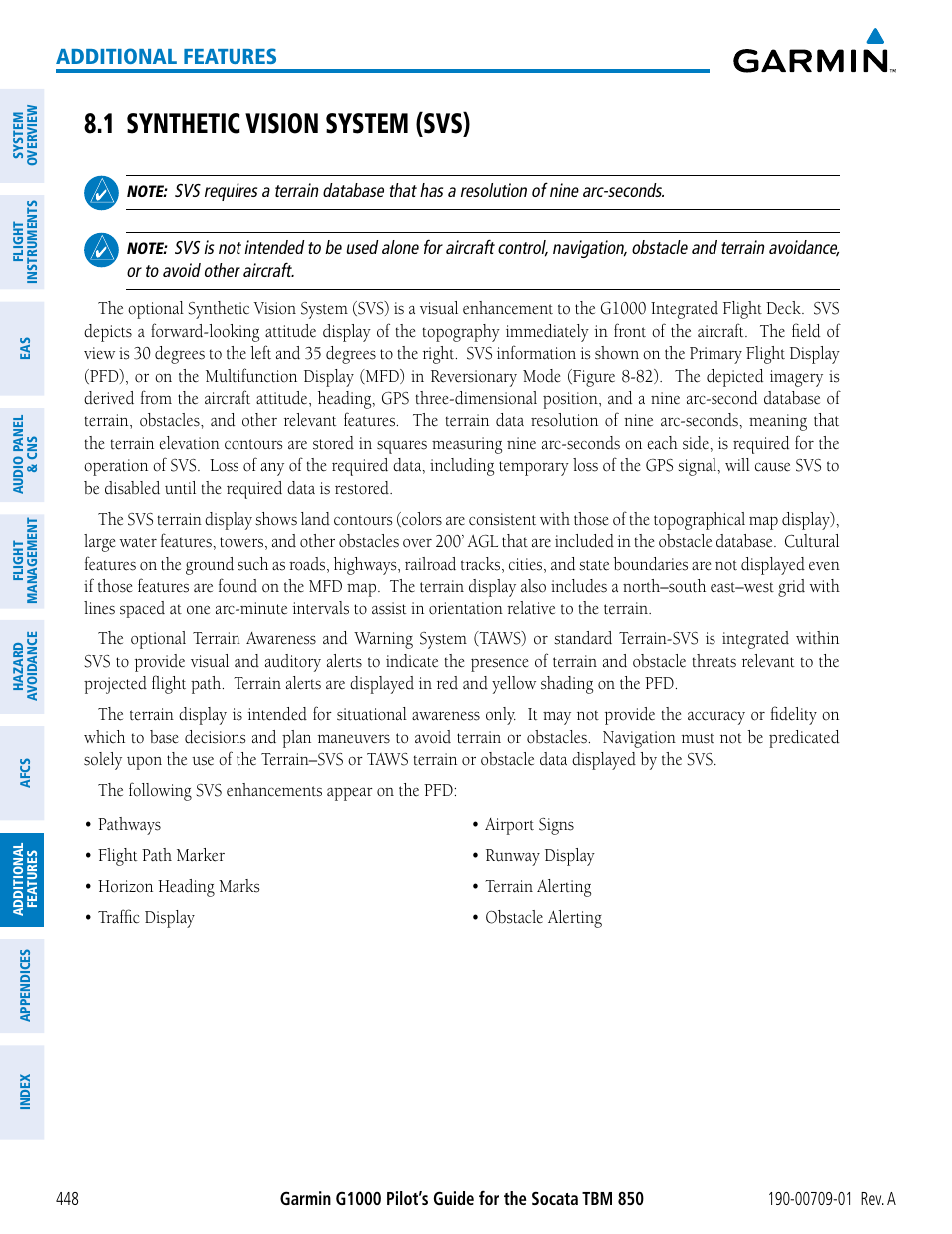 1 synthetic vision system (svs), Additional features | Garmin G1000 Socata TBM 850 User Manual | Page 460 / 588