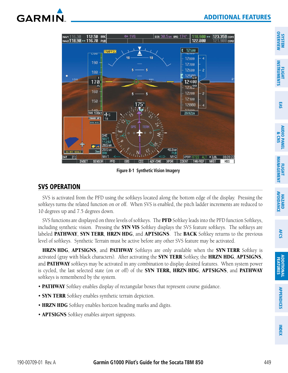 Svs operation, Additional features | Garmin G1000 Socata TBM 850 User Manual | Page 461 / 588