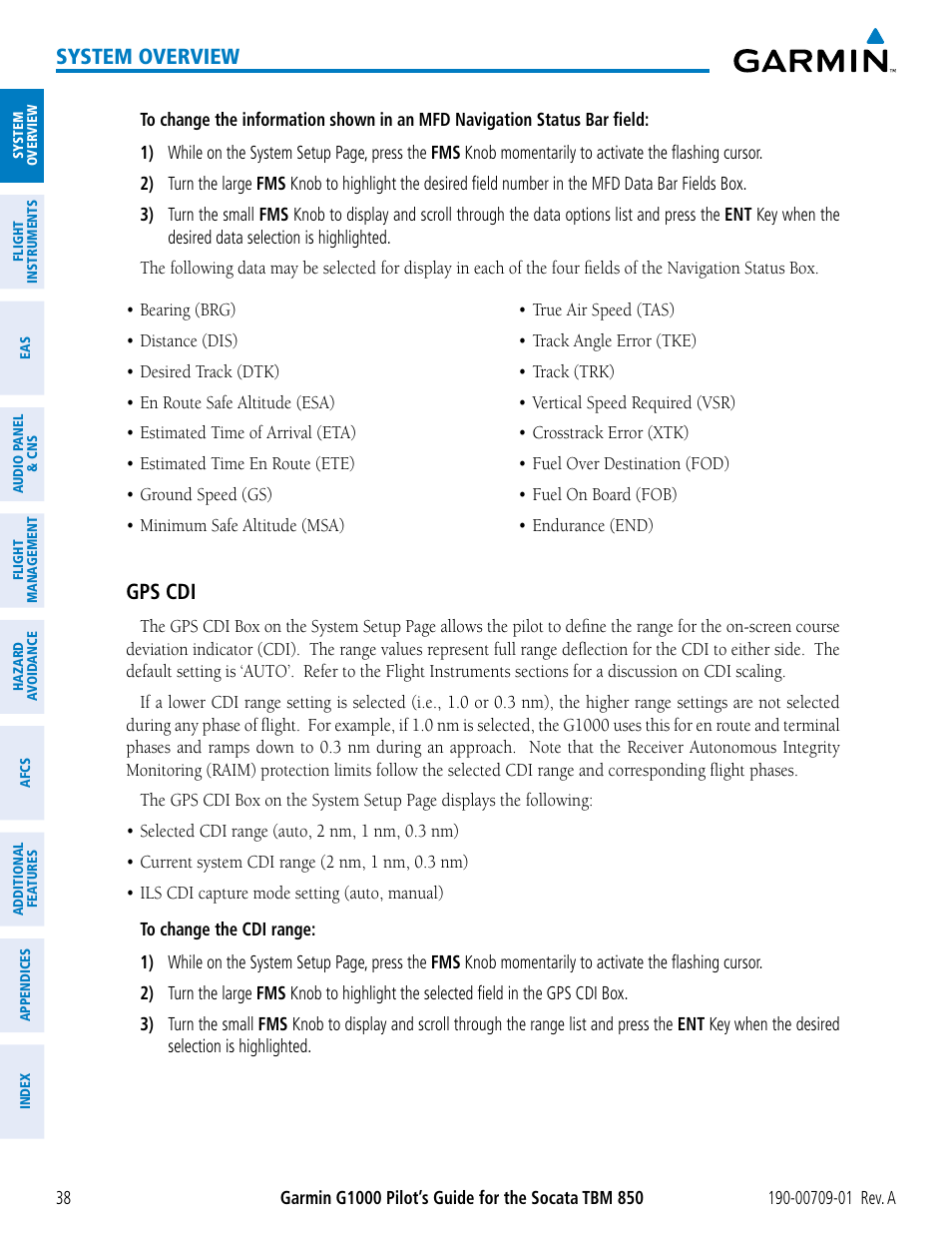 System overview, Gps cdi | Garmin G1000 Socata TBM 850 User Manual | Page 50 / 588