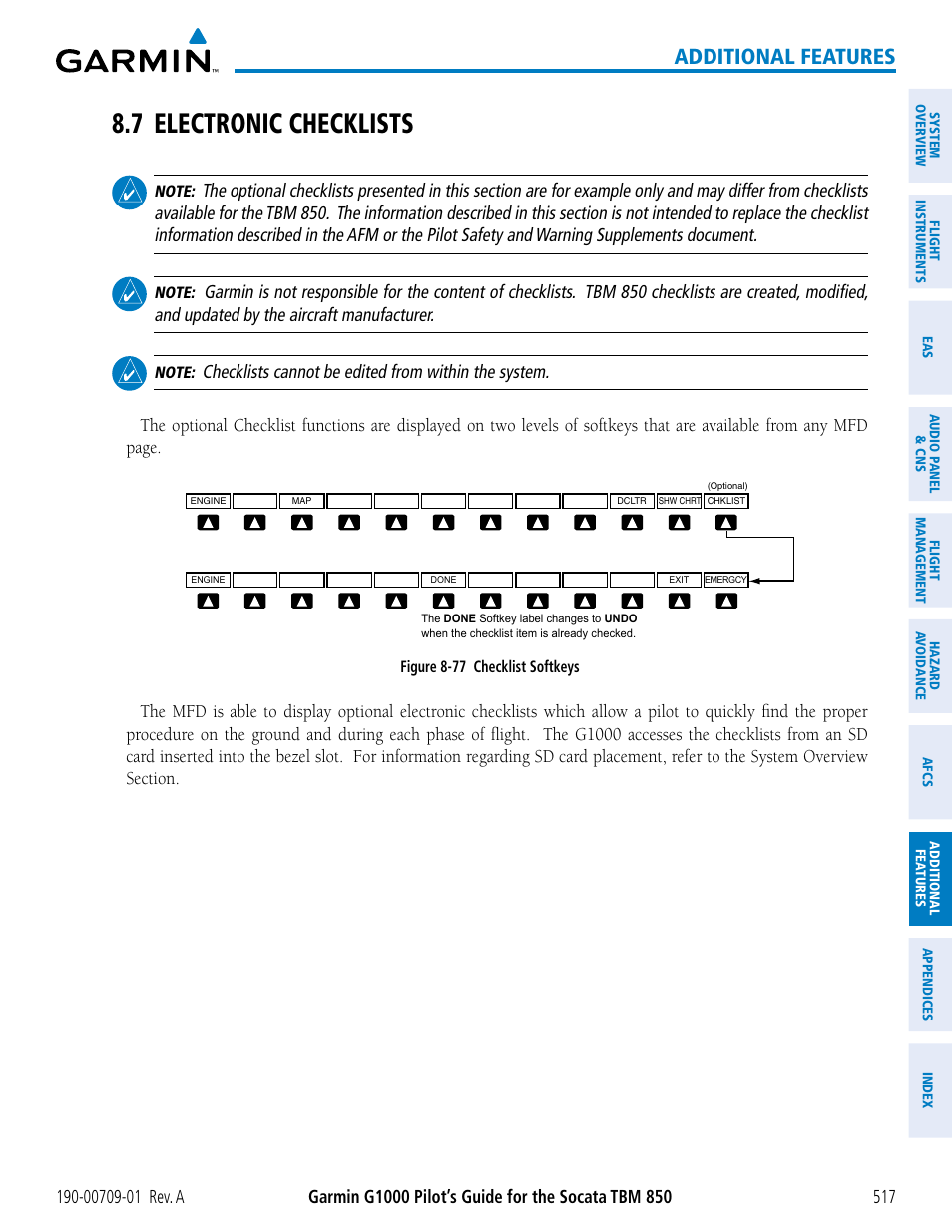 7 electronic checklists, Additional features | Garmin G1000 Socata TBM 850 User Manual | Page 529 / 588