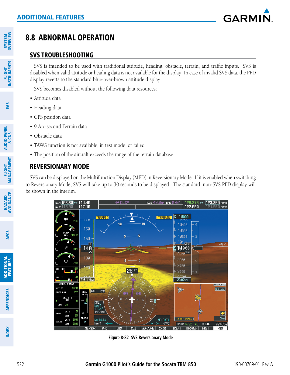 8 abnormal operation, Svs troubleshooting, Reversionary mode | Additional features | Garmin G1000 Socata TBM 850 User Manual | Page 534 / 588