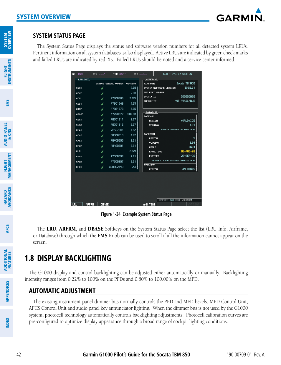 8 display backlighting, Automatic adjustment, System overview | System status page | Garmin G1000 Socata TBM 850 User Manual | Page 54 / 588