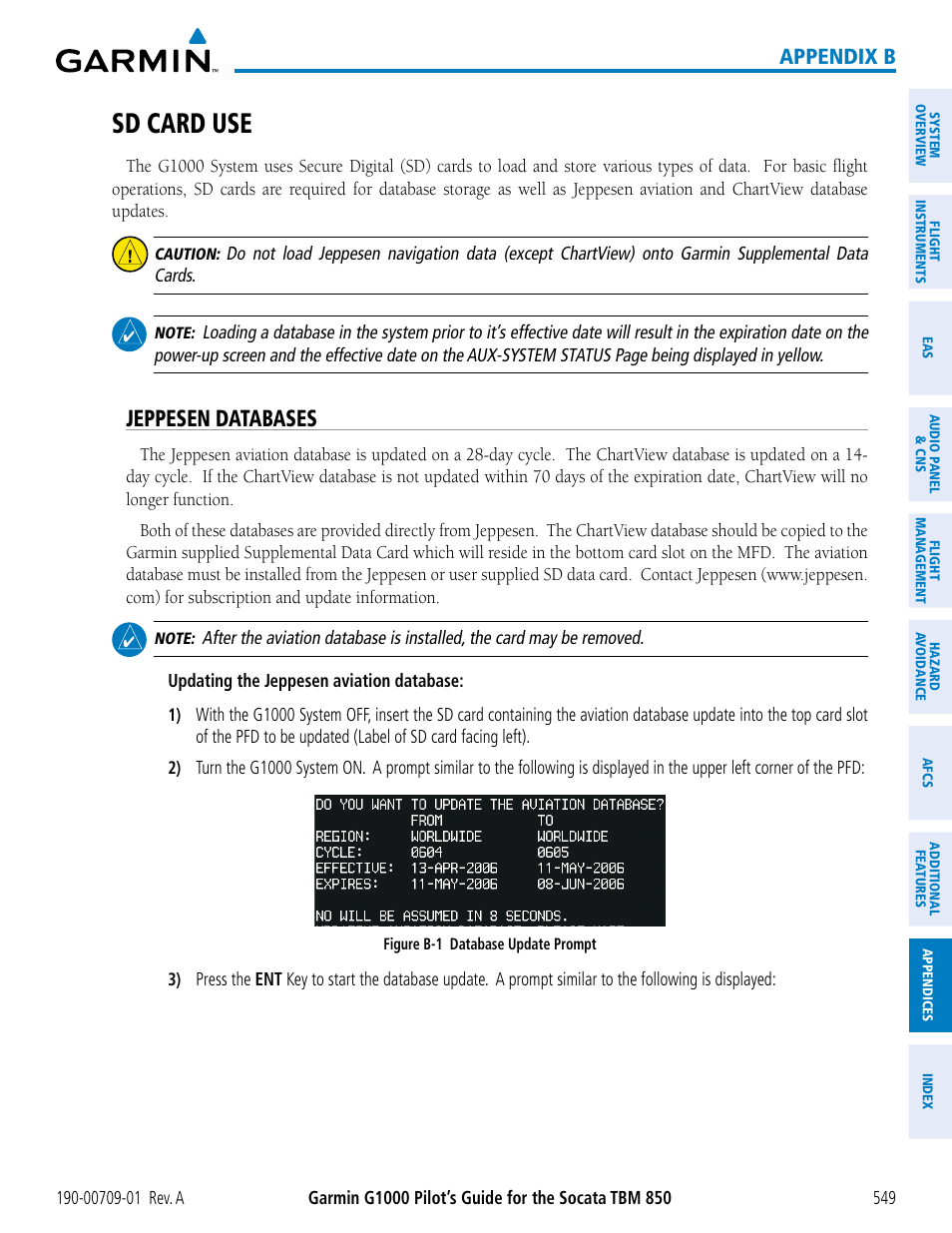 Sd card use, Jeppesen databases, Appendix b | Garmin G1000 Socata TBM 850 User Manual | Page 561 / 588