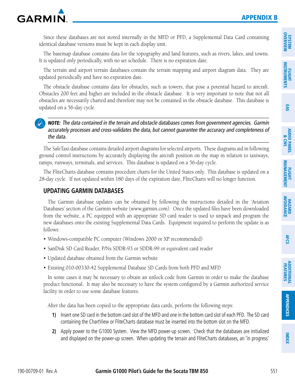 Appendix b, Updating garmin databases | Garmin G1000 Socata TBM 850 User Manual | Page 563 / 588