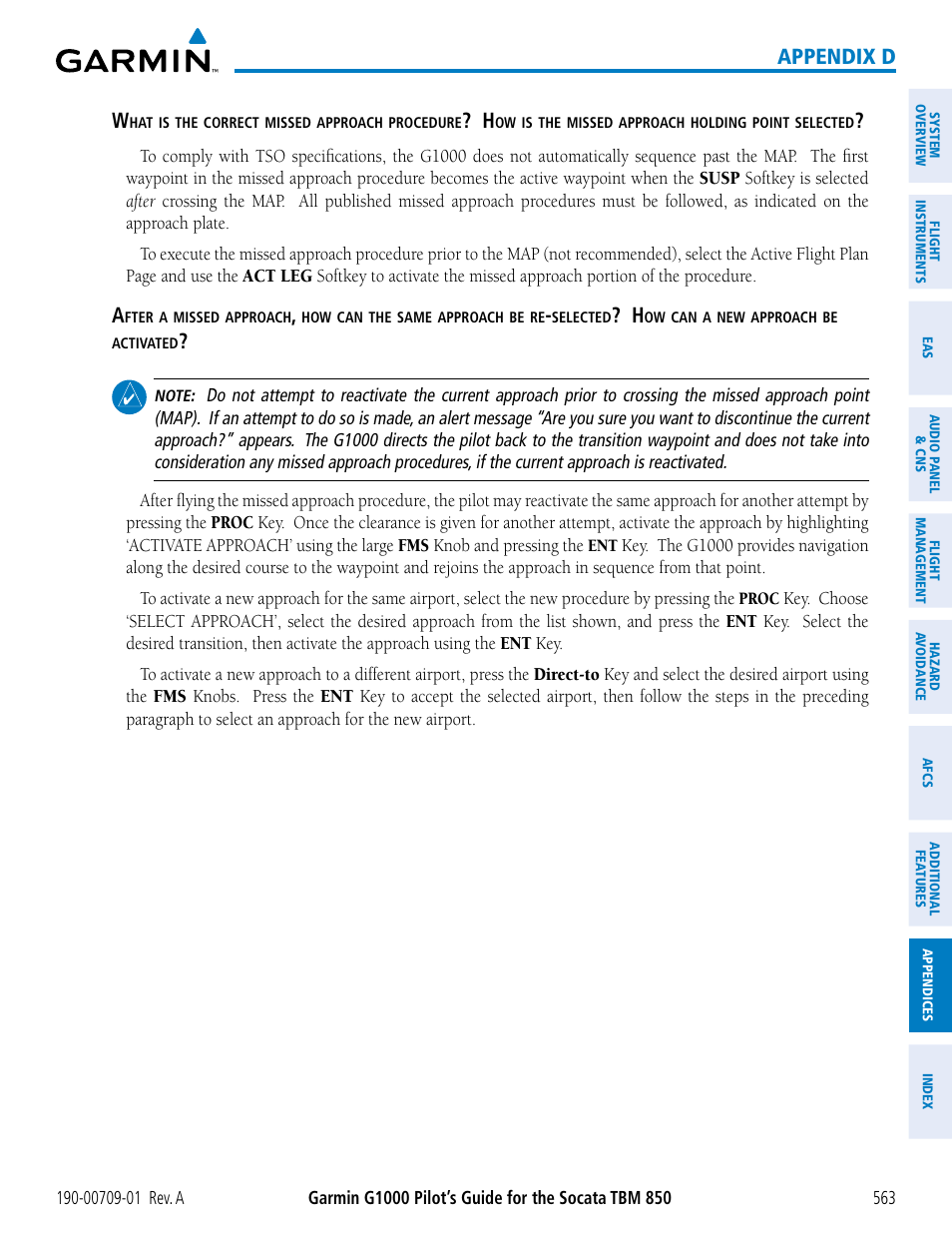 Appendix d w | Garmin G1000 Socata TBM 850 User Manual | Page 575 / 588