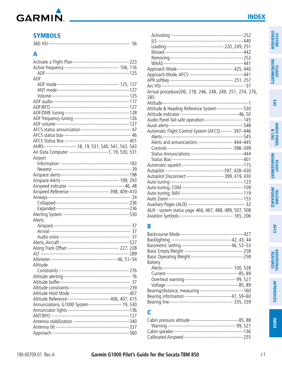 Index, Symbols | Garmin G1000 Socata TBM 850 User Manual | Page 581 / 588