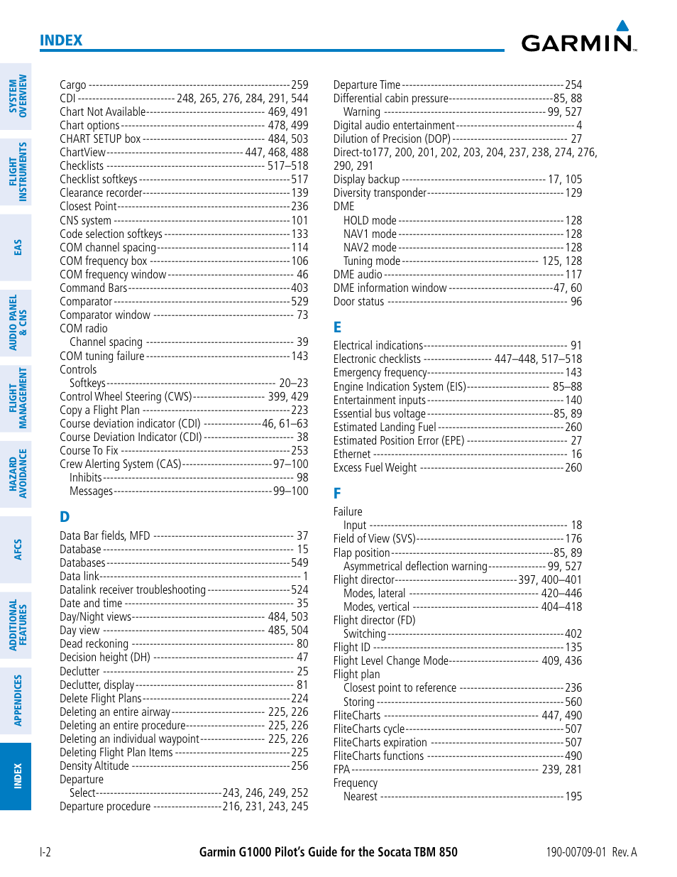 Index | Garmin G1000 Socata TBM 850 User Manual | Page 582 / 588