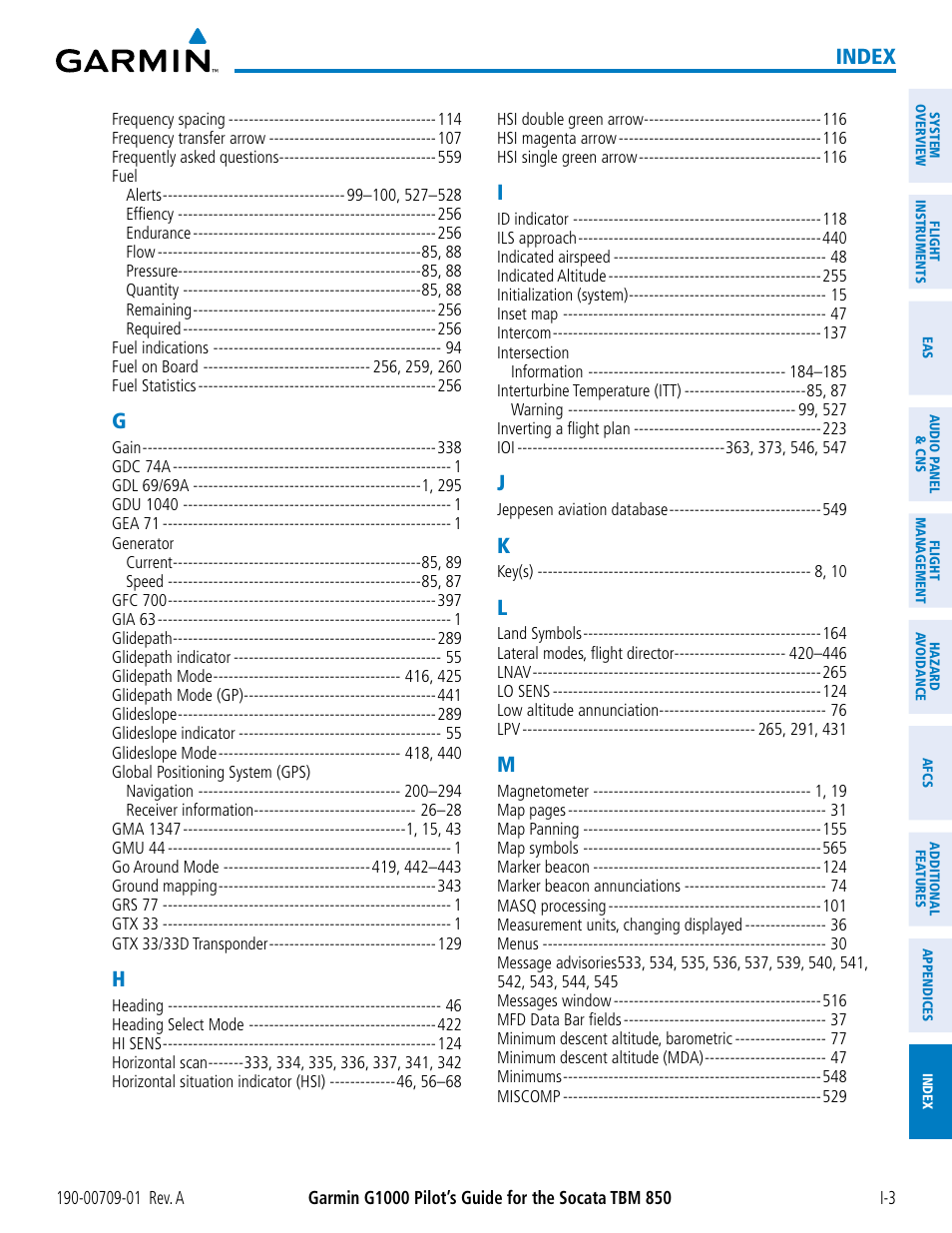 Index | Garmin G1000 Socata TBM 850 User Manual | Page 583 / 588