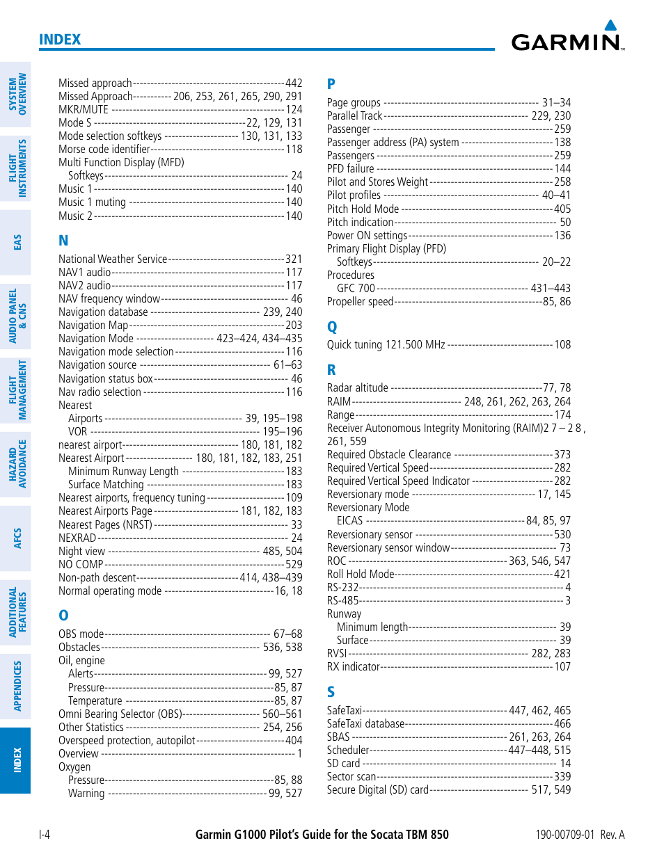 Index | Garmin G1000 Socata TBM 850 User Manual | Page 584 / 588