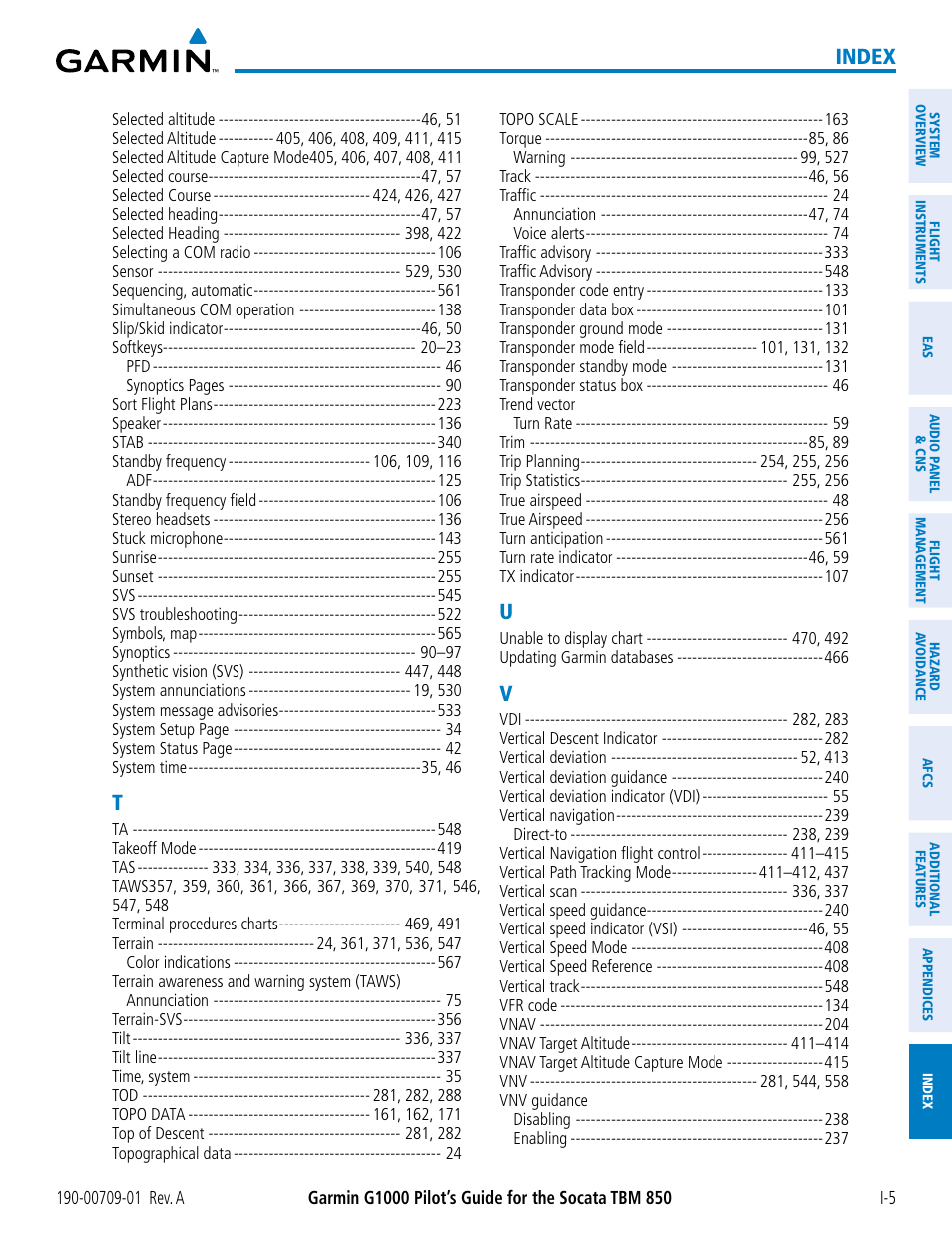 Index | Garmin G1000 Socata TBM 850 User Manual | Page 585 / 588