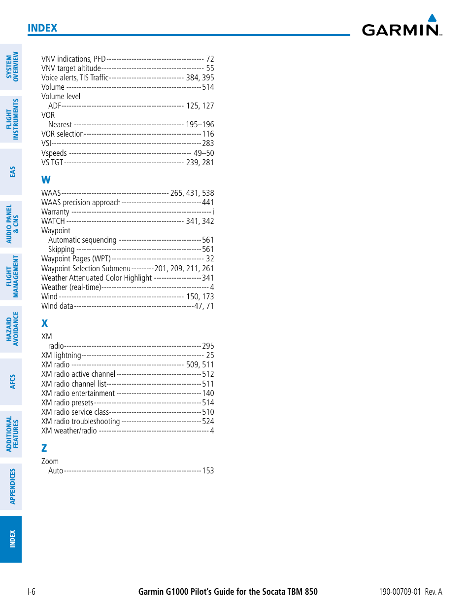 Index | Garmin G1000 Socata TBM 850 User Manual | Page 586 / 588