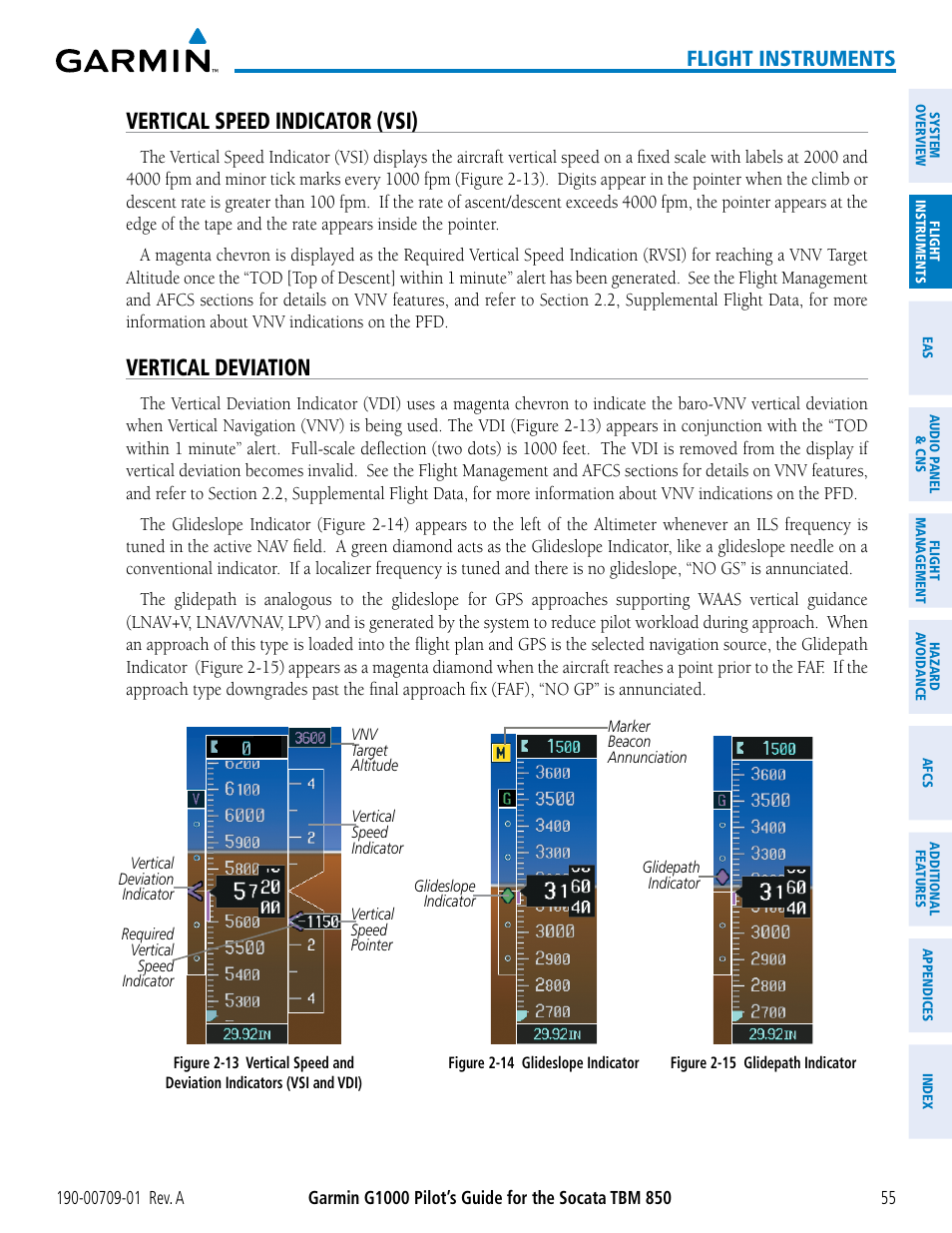 Vertical speed indicator (vsi), Vertical deviation, Flight instruments | Garmin G1000 Socata TBM 850 User Manual | Page 67 / 588