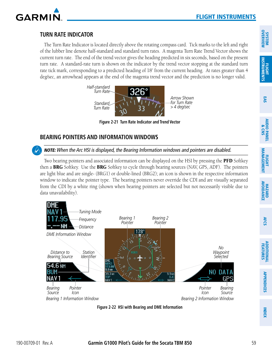 Flight instruments, Turn rate indicator, Bearing pointers and information windows | Garmin G1000 Socata TBM 850 User Manual | Page 71 / 588