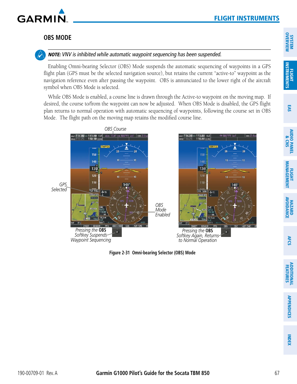 Flight instruments, Obs mode | Garmin G1000 Socata TBM 850 User Manual | Page 79 / 588