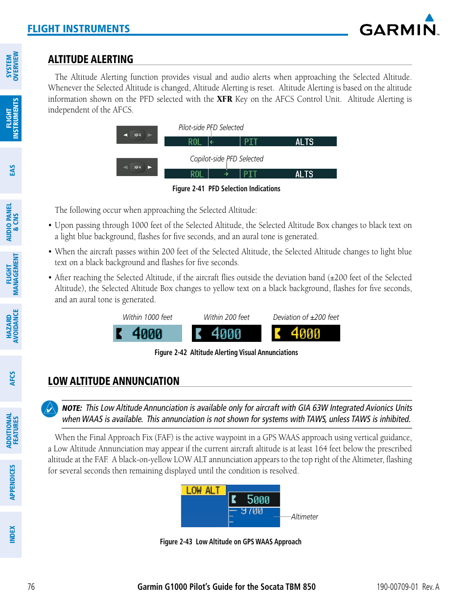 Altitude alerting, Low altitude annunciation, Flight instruments | Garmin G1000 Socata TBM 850 User Manual | Page 88 / 588