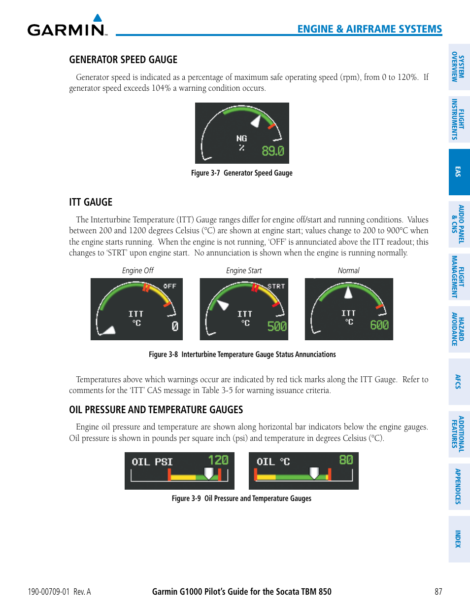 Engine & airframe systems, Generator speed gauge, Itt gauge | Oil pressure and temperature gauges | Garmin G1000 Socata TBM 850 User Manual | Page 99 / 588