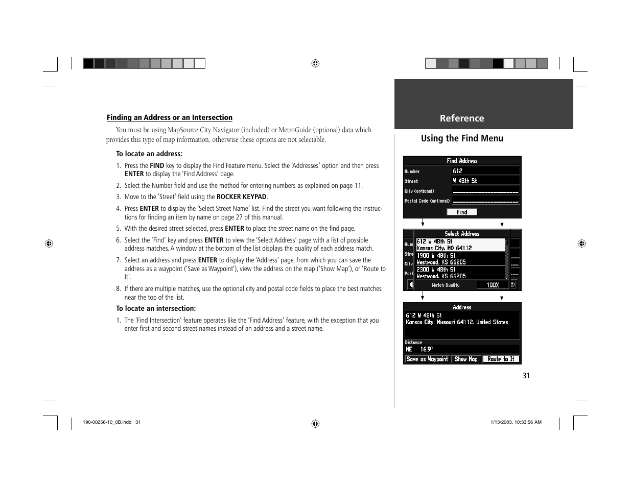 Using the find menu reference | Garmin StreetPilot III User Manual | Page 33 / 74