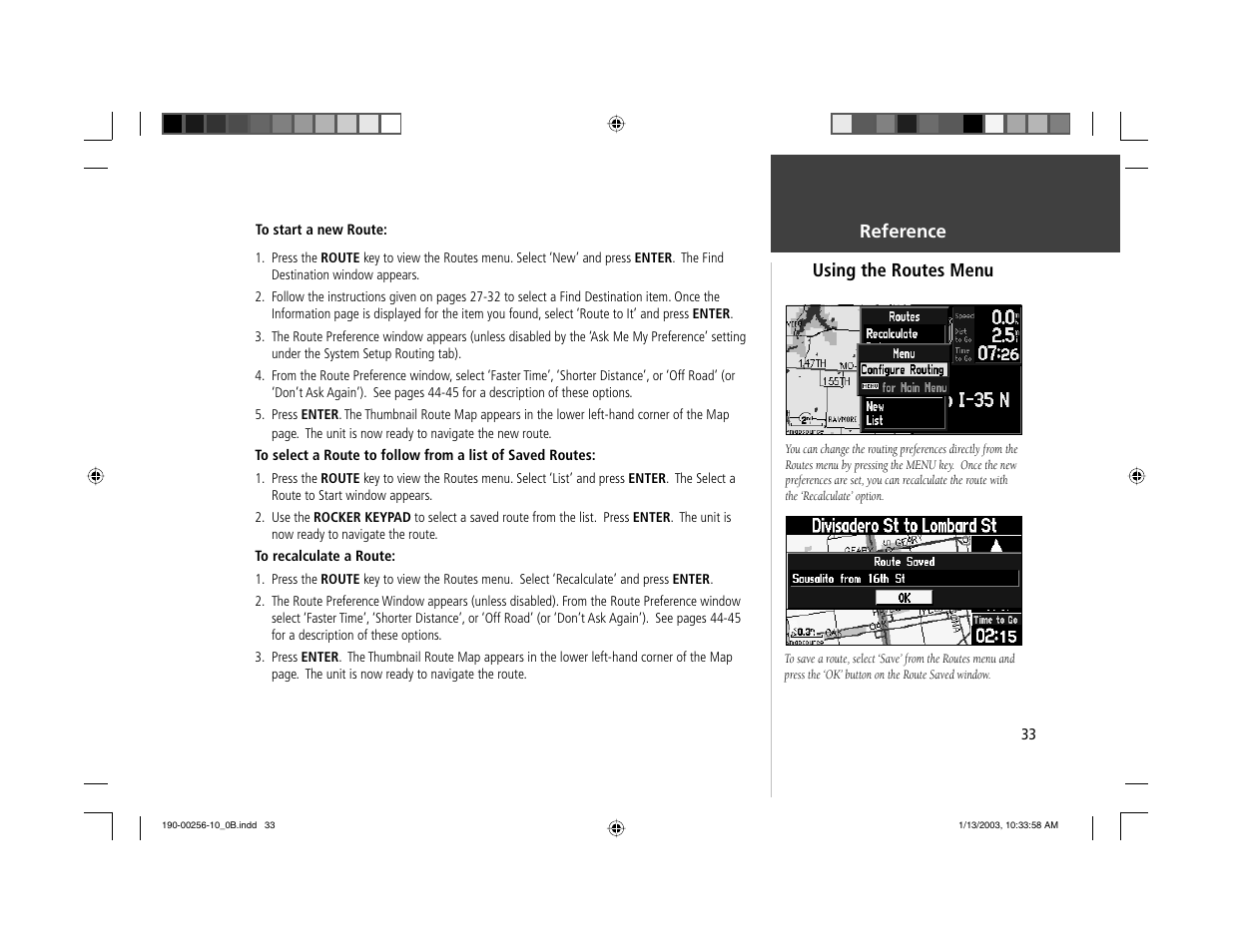 Using the routes menu reference | Garmin StreetPilot III User Manual | Page 35 / 74